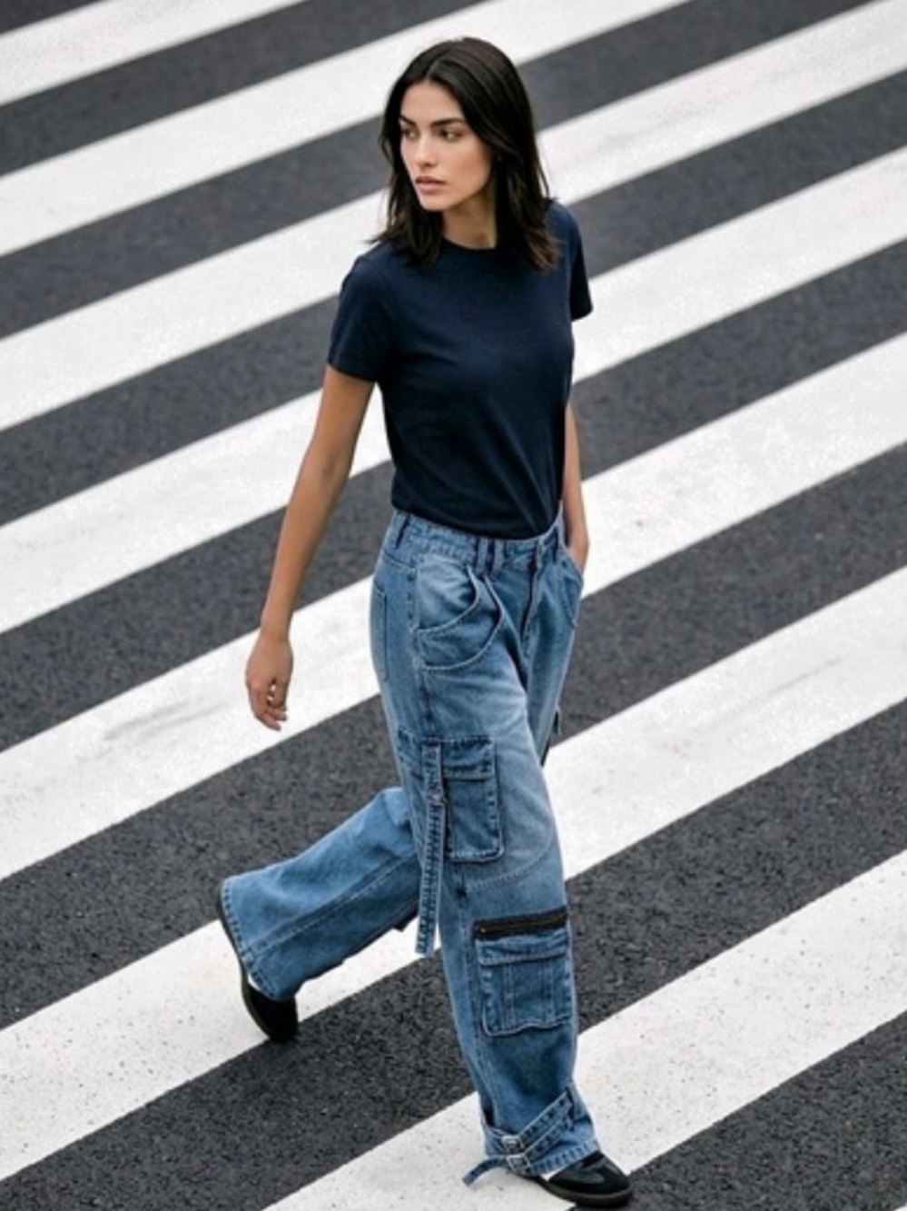 Y2K Utility Cargo Wide-Leg Jeans – Blue Denim Multi-Pocket Streetwear